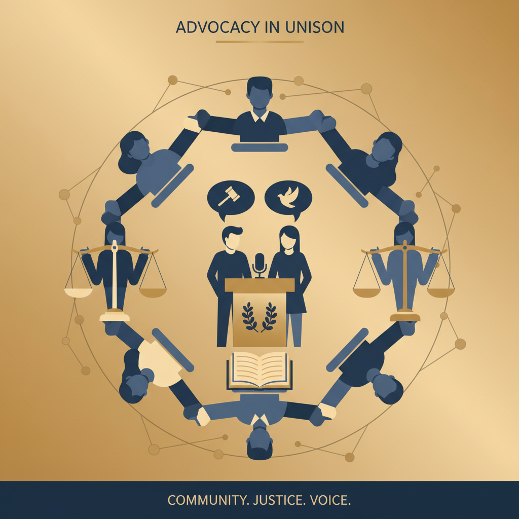 Symbolic illustration of diverse young advocates united around justice, community, and civic voice